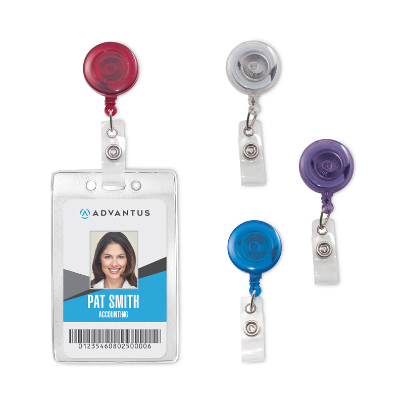 Advantus Translucent Retractable ID Card Reel, 30" Extension, Assorted Colors, 4/Pack