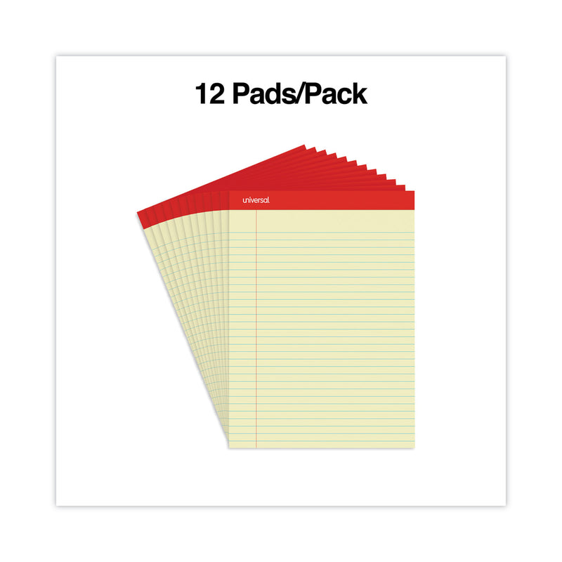 Universal Perforated Ruled Writing Pads, Wide/Legal Rule, Red Headband, 50 Canary-Yellow 8.5 x 11.75 Sheets, Dozen