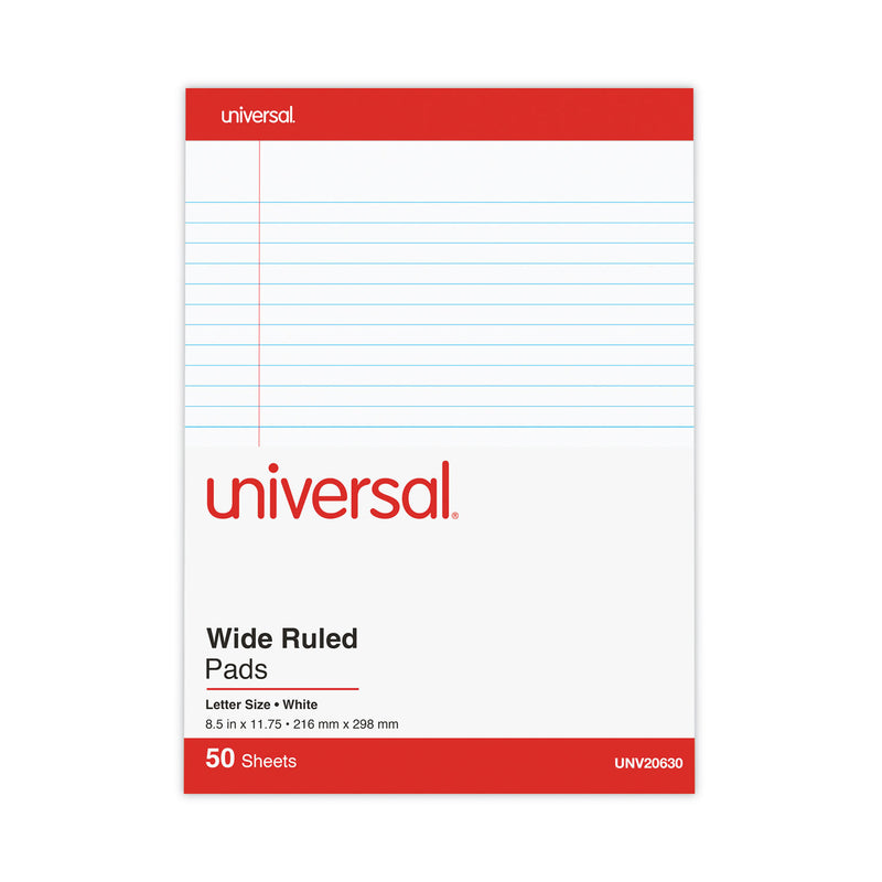 Universal Perforated Ruled Writing Pads, Wide/Legal Rule, Red Headband, 50 White 8.5 x 11.75 Sheets, Dozen
