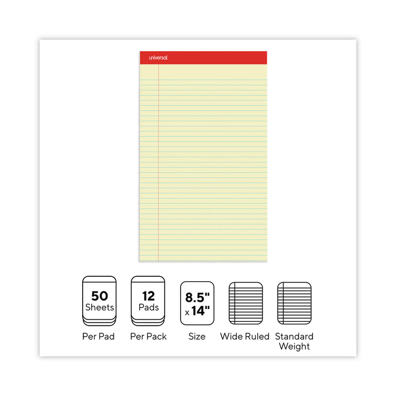 Universal Perforated Ruled Writing Pads, Wide/Legal Rule, Red Headband, 50 Canary-Yellow 8.5 x 14 Sheets, Dozen