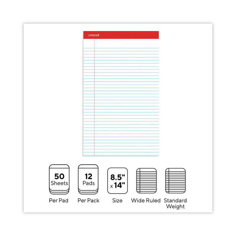Universal Perforated Ruled Writing Pads, Wide/Legal Rule, Red Headband, 50 White 8.5 x 14 Sheets, Dozen