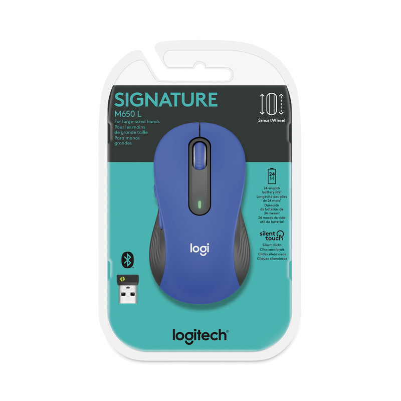 Logitech Signature M650 Wireless Mouse, Large, 2.4 GHz Frequency, 33 ft Wireless Range, Right Hand Use, Blue