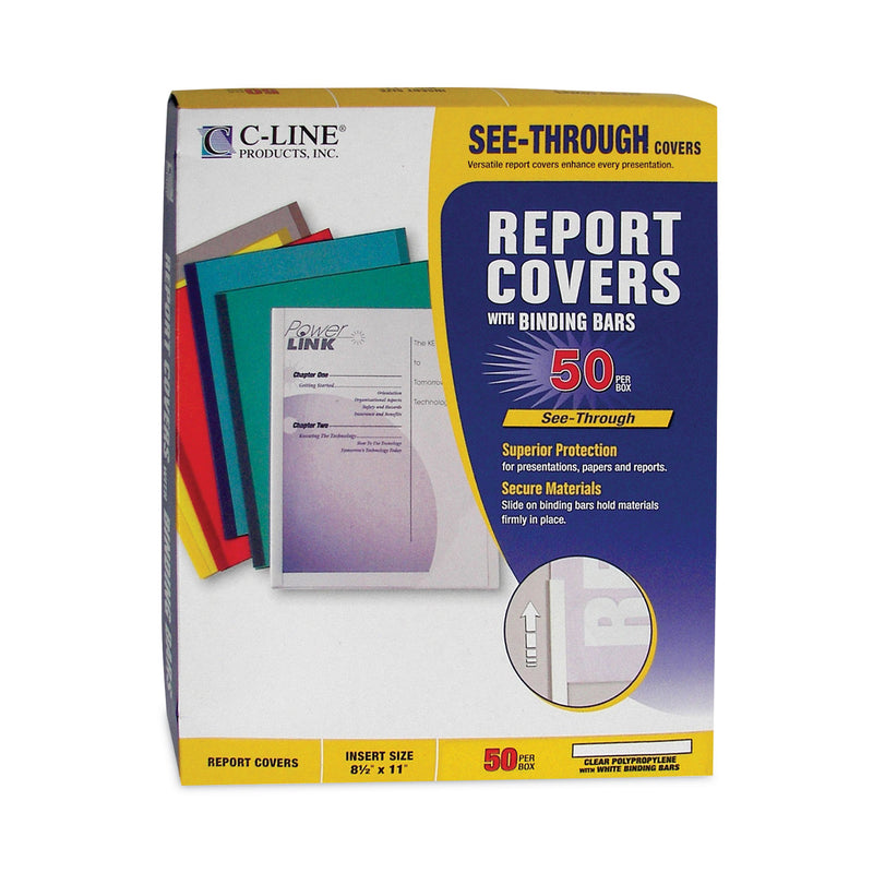 C-Line Vinyl Report Covers with Binding Bars, 0.13" Capacity,  8.5 x 11, Clear/Clear, 50/Box
