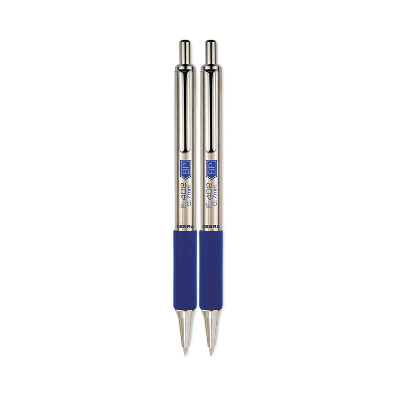 Zebra F-402 Ballpoint Pen, Retractable, Fine 0.7 mm, Blue Ink, Stainless Steel/Blue Barrel, 2/Pack