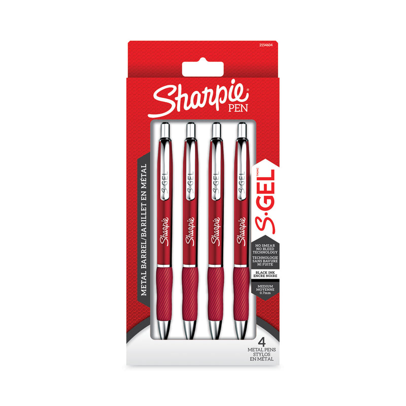 Sharpie S-Gel Premium Metal Barrel Gel Pen, Retractable, Medium 0.7 mm, Black Ink, Red Barrel, 4/Pack