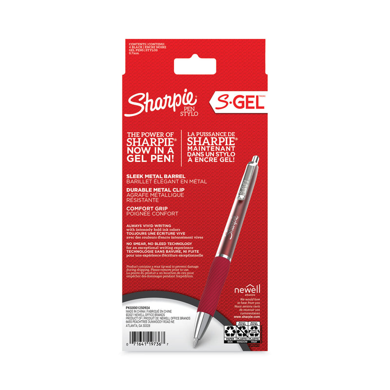 Sharpie S-Gel Premium Metal Barrel Gel Pen, Retractable, Medium 0.7 mm, Black Ink, Red Barrel, 4/Pack