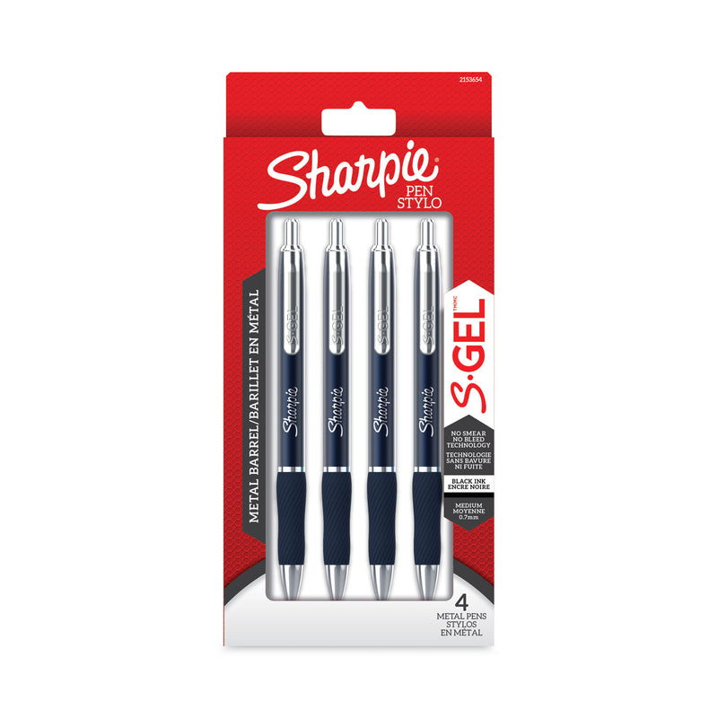 Sharpie S-Gel Premium Metal Barrel Gel Pen, Retractable, Medium 0.7 mm, Black Ink, Blue Barrel, 4/Pack
