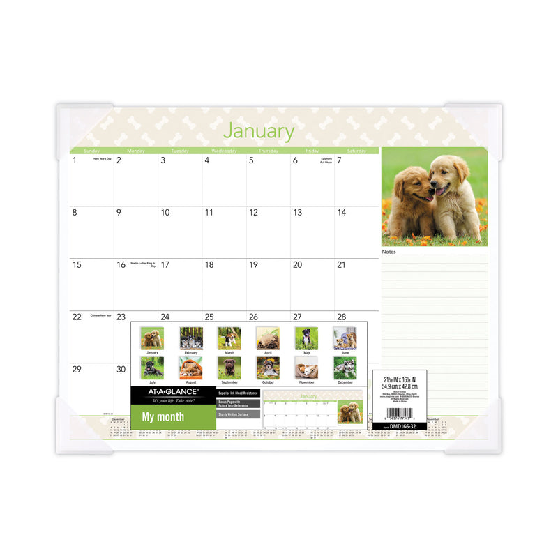 AT-A-GLANCE Puppies Monthly Desk Pad Calendar, Puppies Photography, 22 x 17, White Sheets, Clear Corners, 12-Month (Jan to Dec): 2023