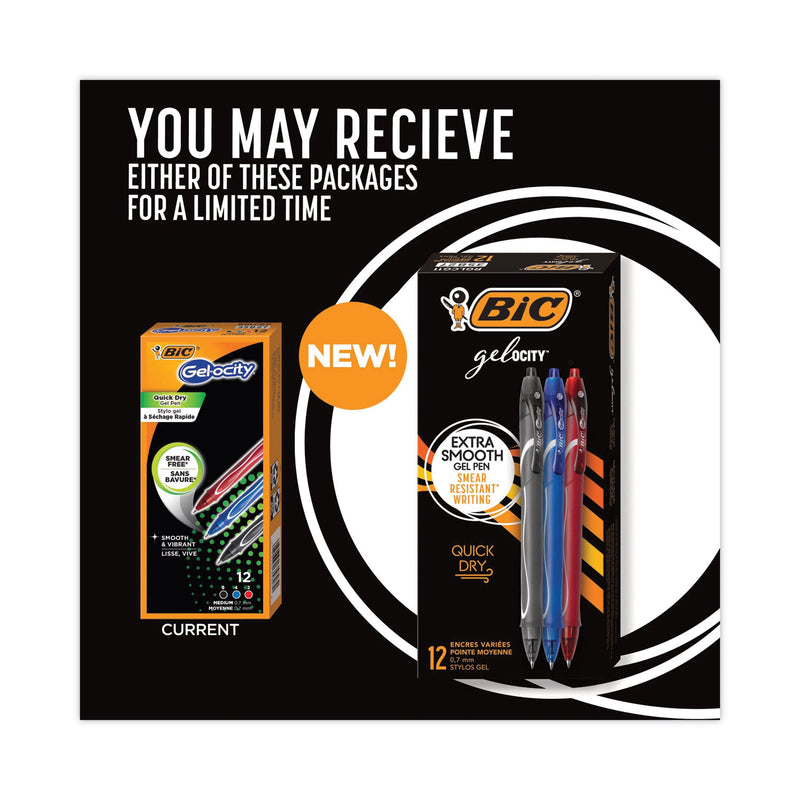 BIC Gel-ocity Quick Dry Gel Pen, Retractable, Fine 0.7 mm, Three Assorted Ink and Barrel Colors, Dozen