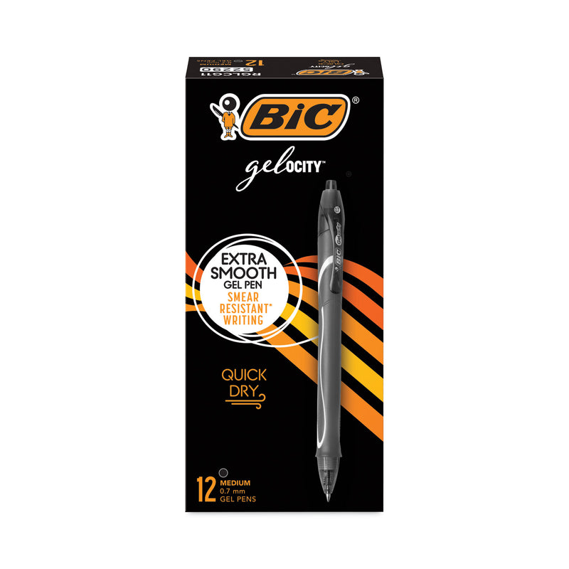 BIC Gel-ocity Quick Dry Gel Pen, Retractable, Medium 0.7 mm, Black Ink, Black Barrel, Dozen