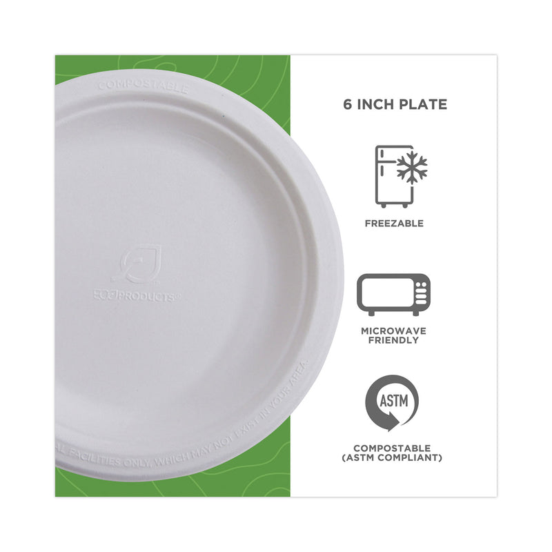 Eco-Products Renewable and Compostable Sugarcane Plates Convenience Pack, 6" dia, Natural White, 50/Pack