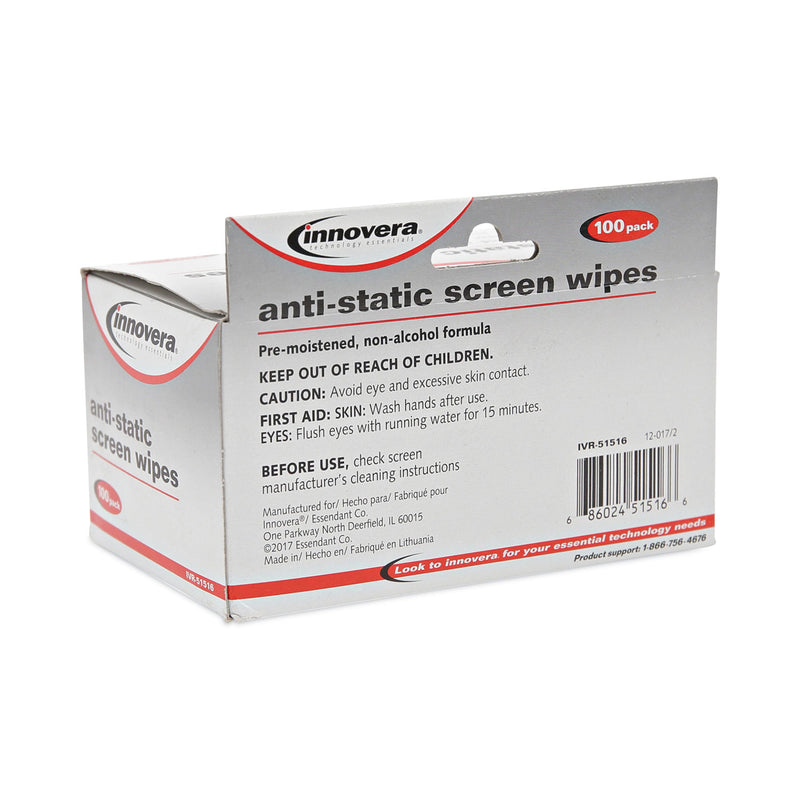 Innovera Antistatic Screen Cleaning Wipes, Cloth, 4.75,  x 7.25, White, 100/Pack