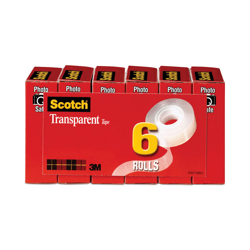 Scotch Transparent Tape, 1" Core, 0.75" x 83.33 ft, Transparent, 6/Pack