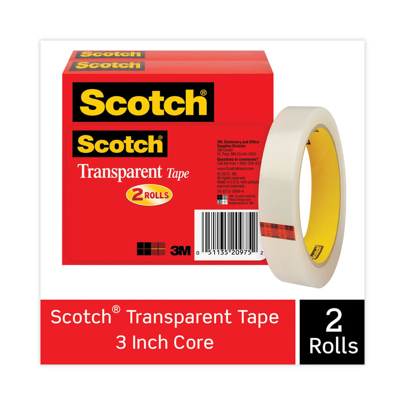 Scotch Transparent Tape, 3" Core, 0.75" x 72 yds, Transparent, 2/Pack