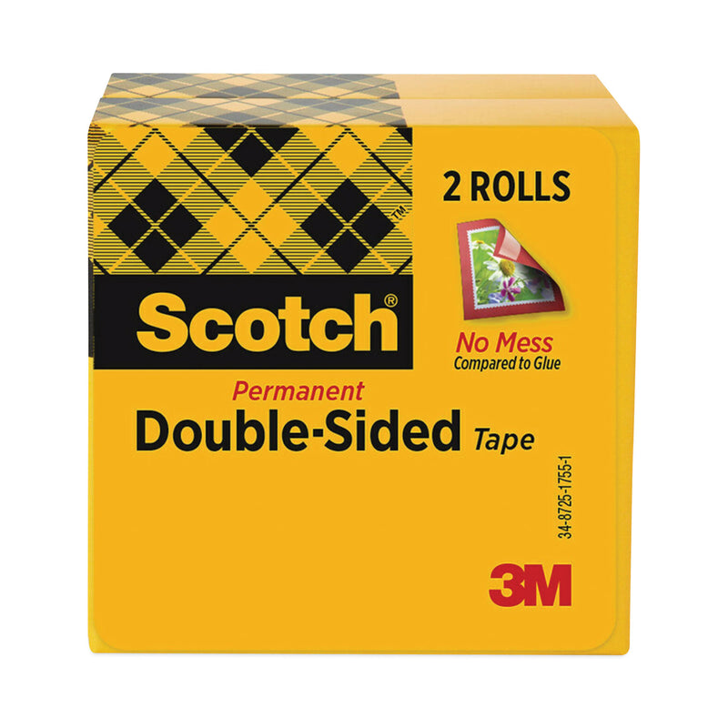 Scotch Double-Sided Tape, 3" Core, 0.5" x 36 yds, Clear, 2/Pack