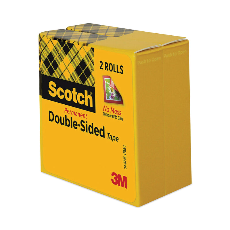 Scotch Double-Sided Tape, 3" Core, 0.5" x 36 yds, Clear, 2/Pack