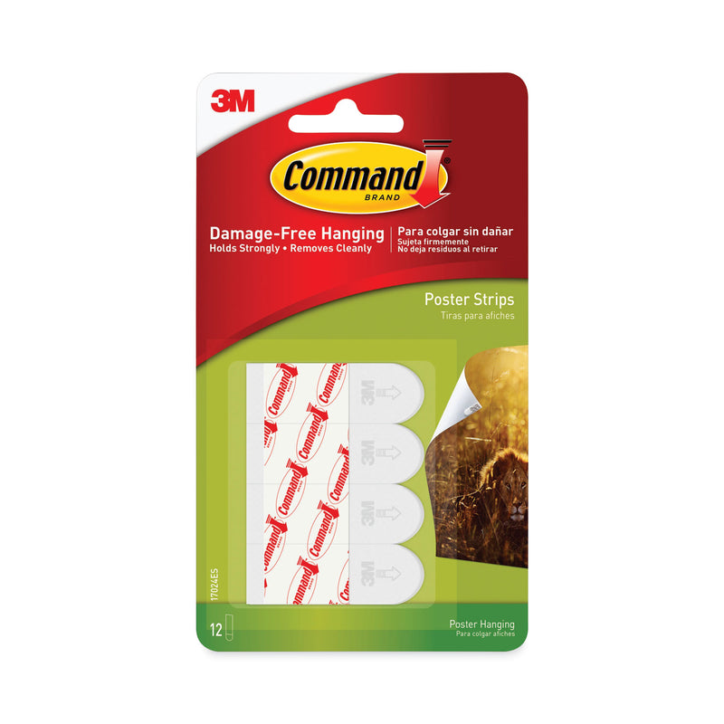 Command Poster Strips, Removable, Holds up to 1 lb per Pair, 0.63 x 1.75, White, 12/Pack