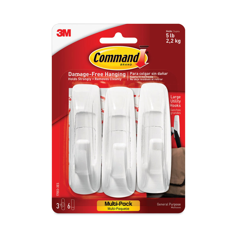 Command General Purpose Hooks Multi-Pack, Large, 5 lb Cap, White, 3 Hooks and 6 Strips/Pack