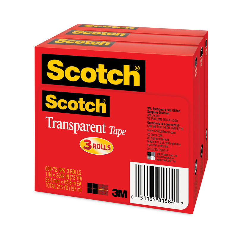 Scotch Transparent Tape, 3" Core, 1" x 72 yds, Transparent, 3/Pack