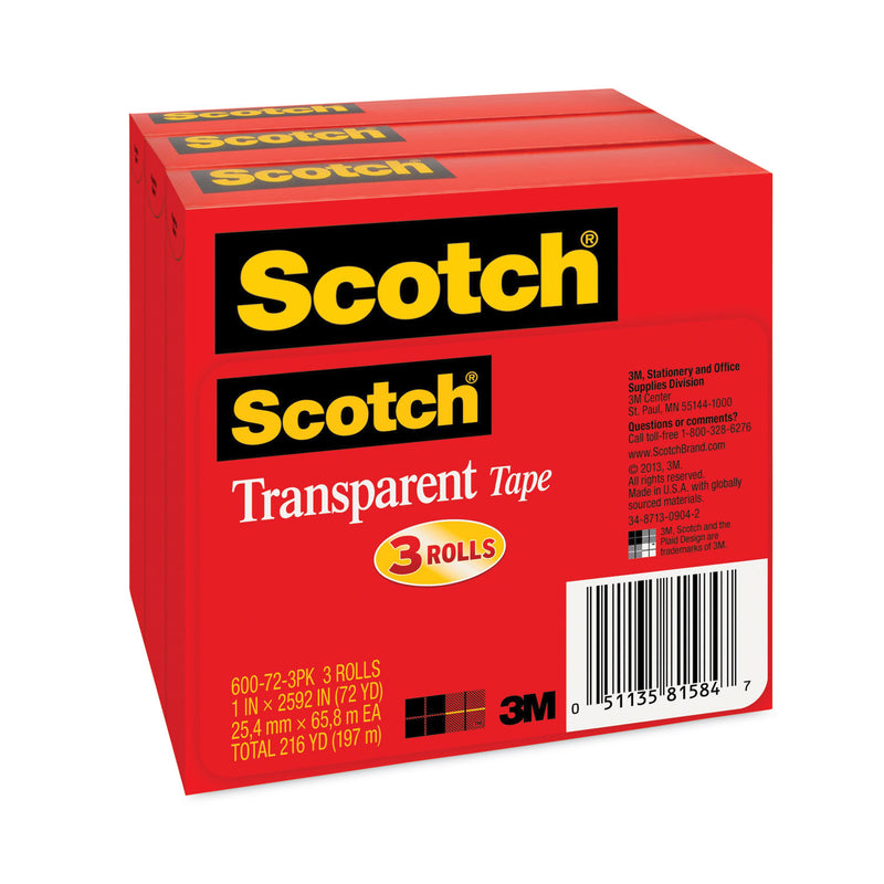 Scotch Transparent Tape, 3" Core, 1" x 72 yds, Transparent, 3/Pack