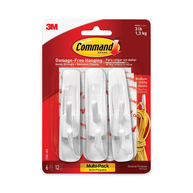 Command General Purpose Hooks Multi-Pack, Medium, 3 lb Cap, White, 6 Hooks and 12 Strips/Pack