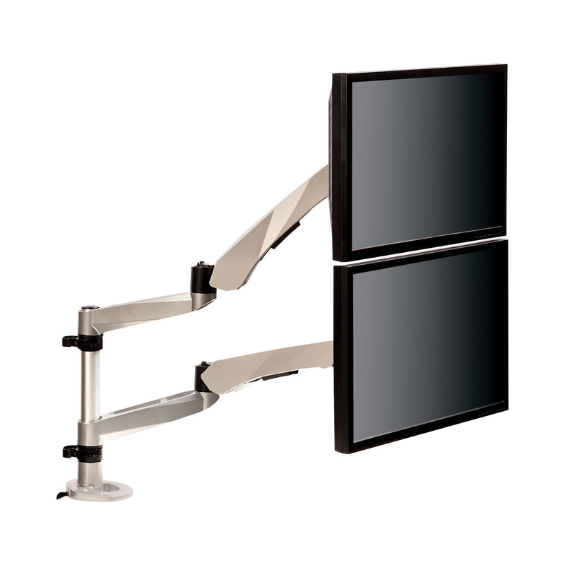3M Easy-Adjust Desk Dual Arm Mount for 27" Monitors, 360 deg Rotation, +90/-15 deg Tilt, 360 deg Pan, Silver, Supports 20 lb