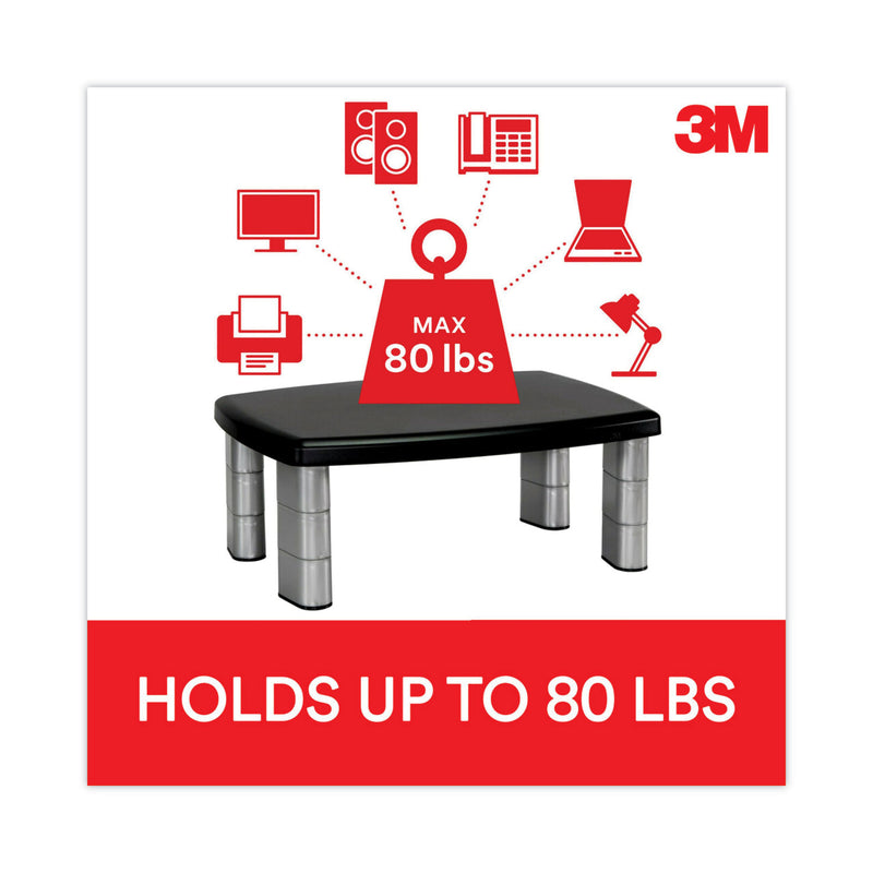 3M Adjustable Height Monitor Stand, 15" x 12" x 2.63" to 5.78", Black/Silver, Supports 80 lbs