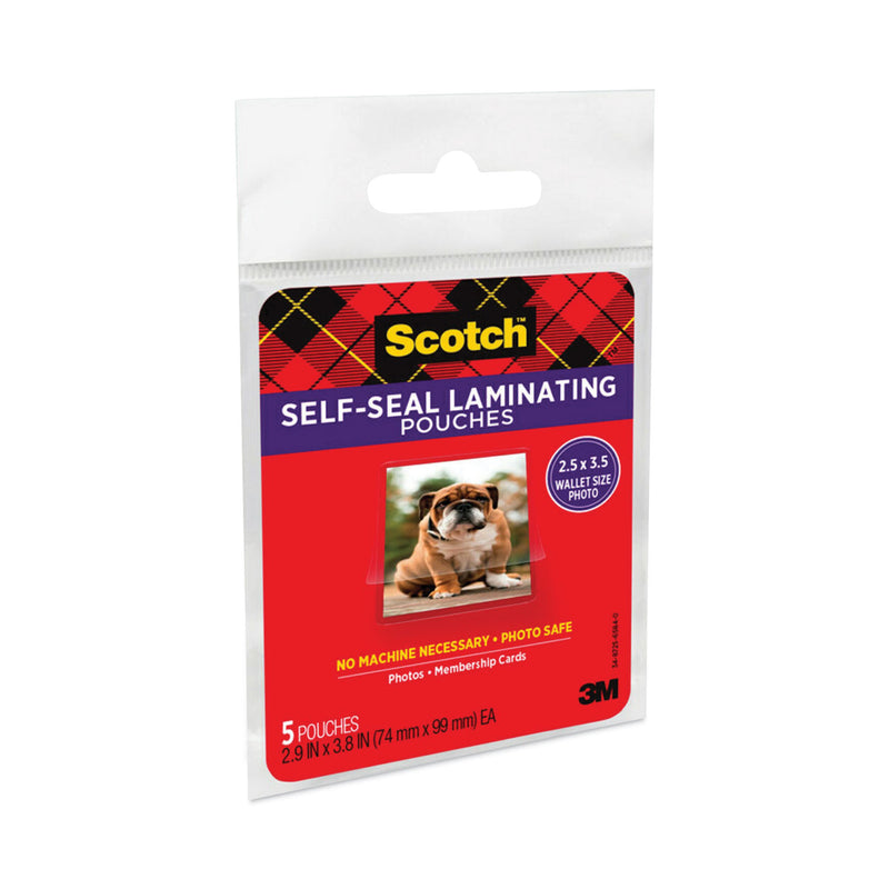 Scotch Self-Sealing Laminating Pouches, 9.5 mil, 2.81" x 3.75", Gloss Clear, 5/Pack
