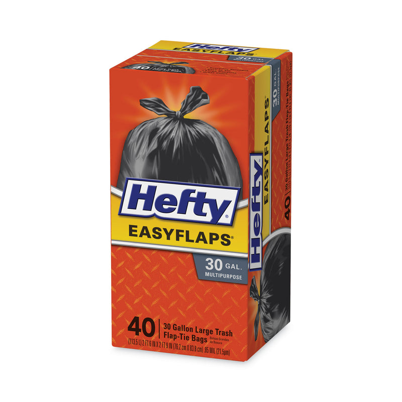 Hefty Easy Flaps Trash Bags, 30 gal, 1.05 mil, 30" x 33", Black, 40/Box