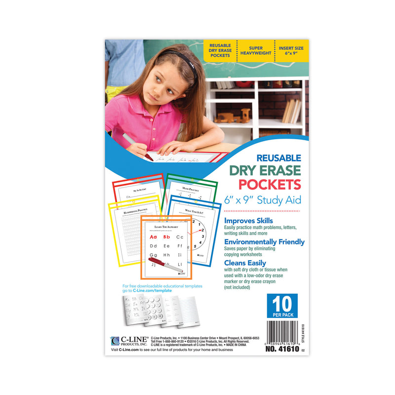 C-Line Reusable Dry Erase Pockets, 6 x 9, Assorted Primary Colors, 10/Pack