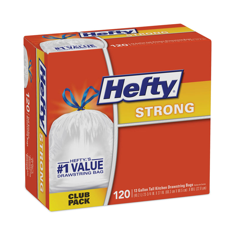 Hefty Strong Tall Kitchen Drawstring Bags, 13 gal, 0.9 mil, 23.75" x 27", White, 90/Box