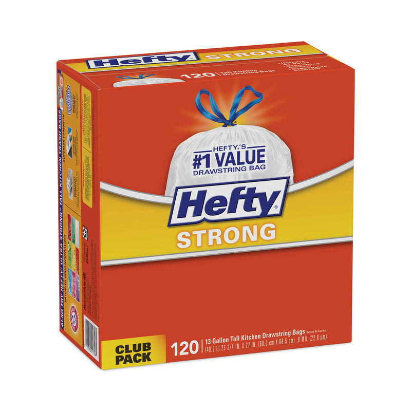 Hefty Strong Tall Kitchen Drawstring Bags, 13 gal, 0.9 mil, 23.75" x 27", White, 90/Box, 3 Boxes/Carton