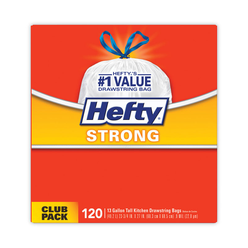 Hefty Strong Tall Kitchen Drawstring Bags, 13 gal, 0.9 mil, 24" x 27.75", White, 120/Box