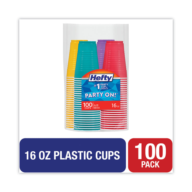 Hefty Easy Grip Disposable Plastic Party Cups, 16 oz, Assorted Colors, 100/Pack