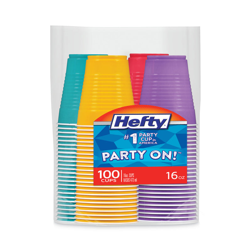 Hefty Easy Grip Disposable Plastic Party Cups, 16 oz, Assorted Colors, 100/Pack