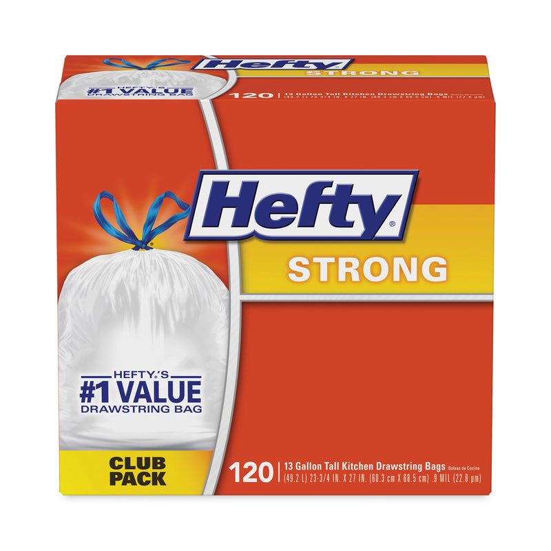 Hefty Strong Tall Kitchen Drawstring Bags, 13 gal, 0.9 mil, 23.75" x 27", White, 90/Box