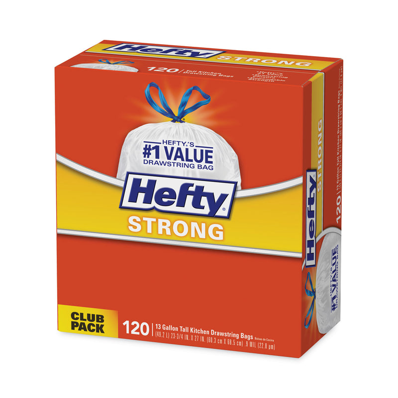 Hefty Strong Tall Kitchen Drawstring Bags, 13 gal, 0.9 mil, 23.75" x 27", White, 360/Carton