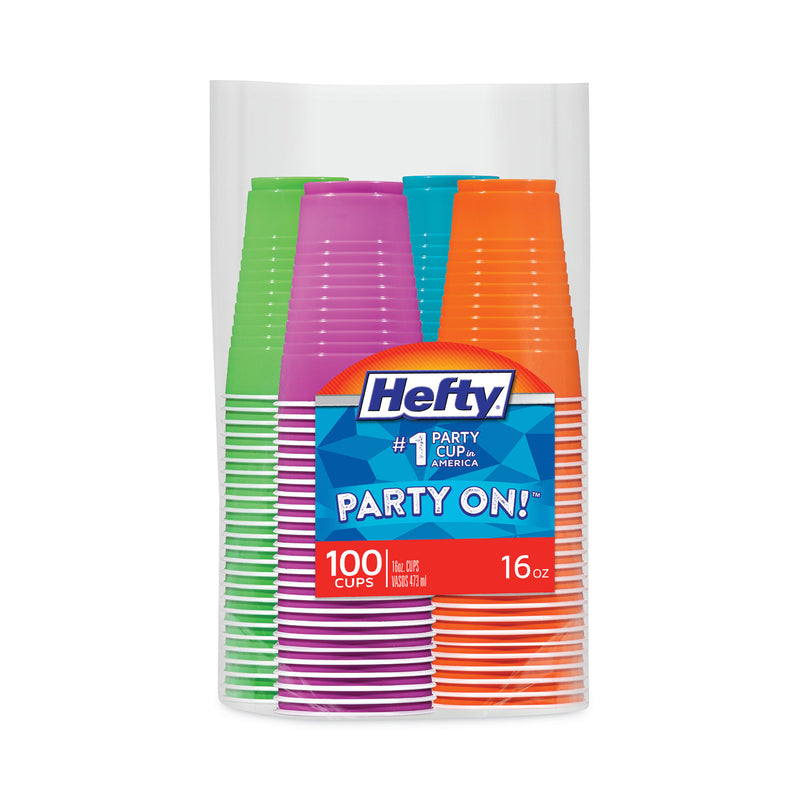Hefty Easy Grip Disposable Plastic Party Cups, 16 oz, Assorted Colors, 100/Pack