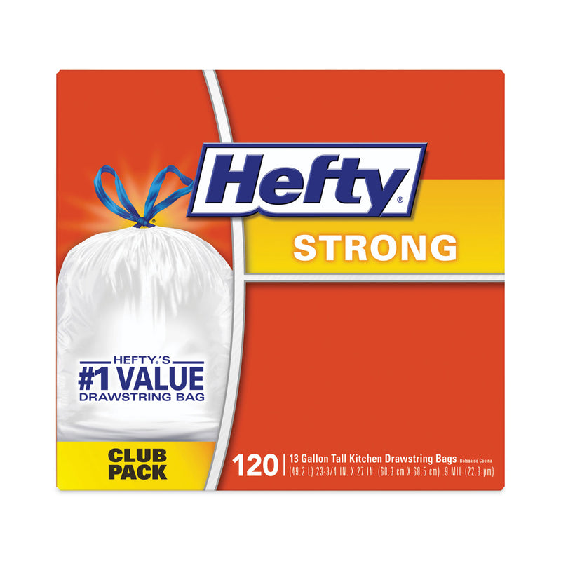 Hefty Strong Tall Kitchen Drawstring Bags, 13 gal, 0.9 mil, 23.75" x 27", White, 90/Box