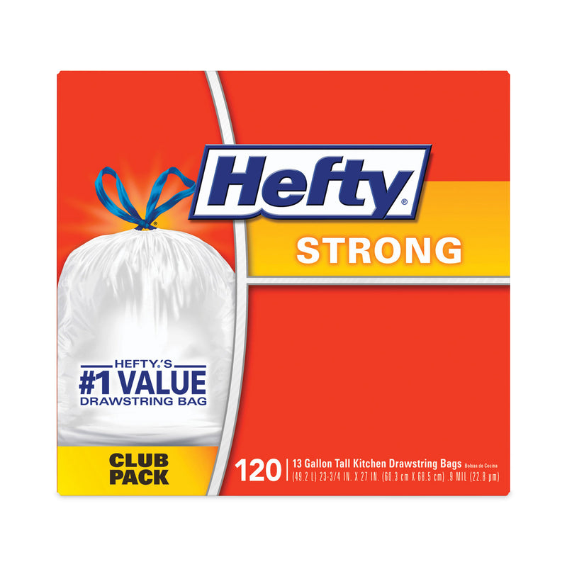 Hefty Strong Tall Kitchen Drawstring Bags, 13 gal, 0.9 mil, 23.75" x 27", White, 360/Carton