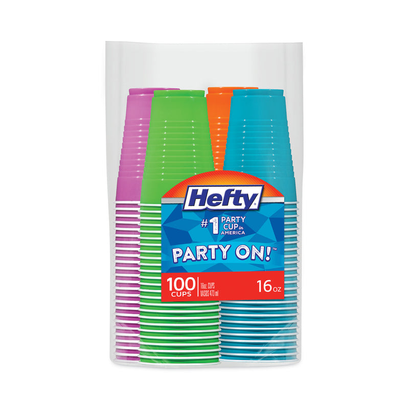 Hefty Easy Grip Disposable Plastic Party Cups, 16 oz, Assorted Colors, 100/Pack, 4 Packs/Carton