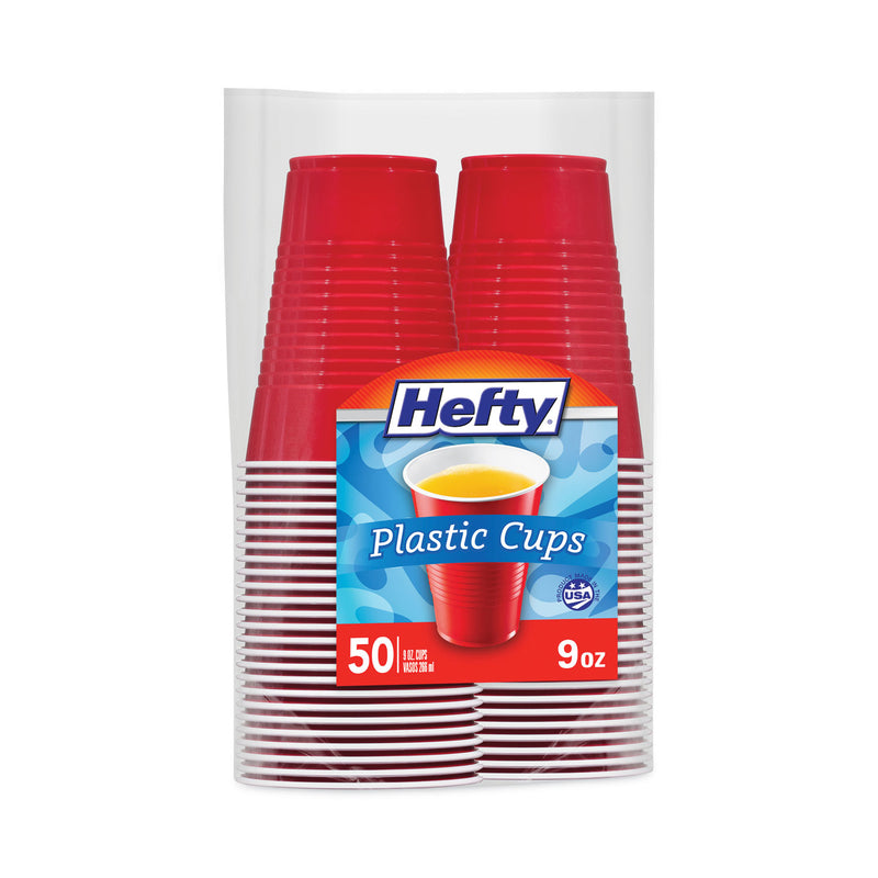 Hefty Easy Grip Disposable Plastic Party Cups, 9 oz, Red, 50/Pack, 12 Packs/Carton