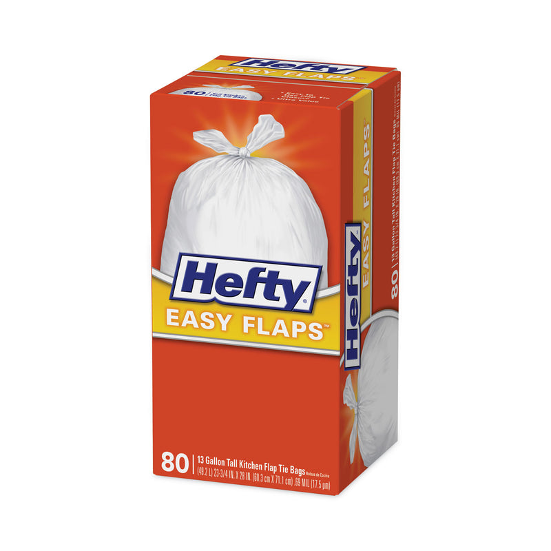 Hefty Easy Flaps Trash Bags, 13 gal, 0.8 mil, 23.75" x 28", White, 80/Box