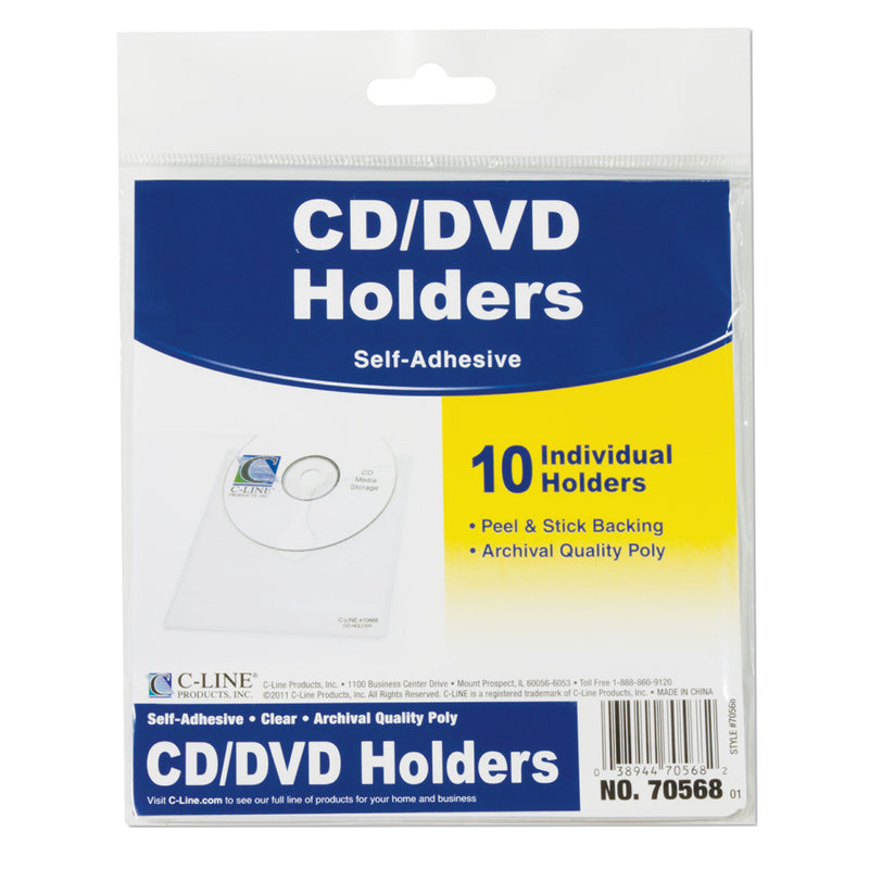 C-Line Self-Adhesive CD Holder, 1 Disc Capacity, Clear, 10/Pack