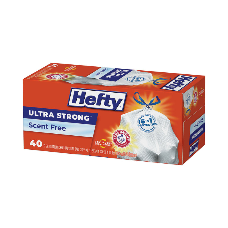 Hefty Ultra Strong Tall Kitchen and Trash Bags, 13 gal, 0.9 mil, 23.75" x 24.88", White, 40/Box, 6 Boxes/Carton