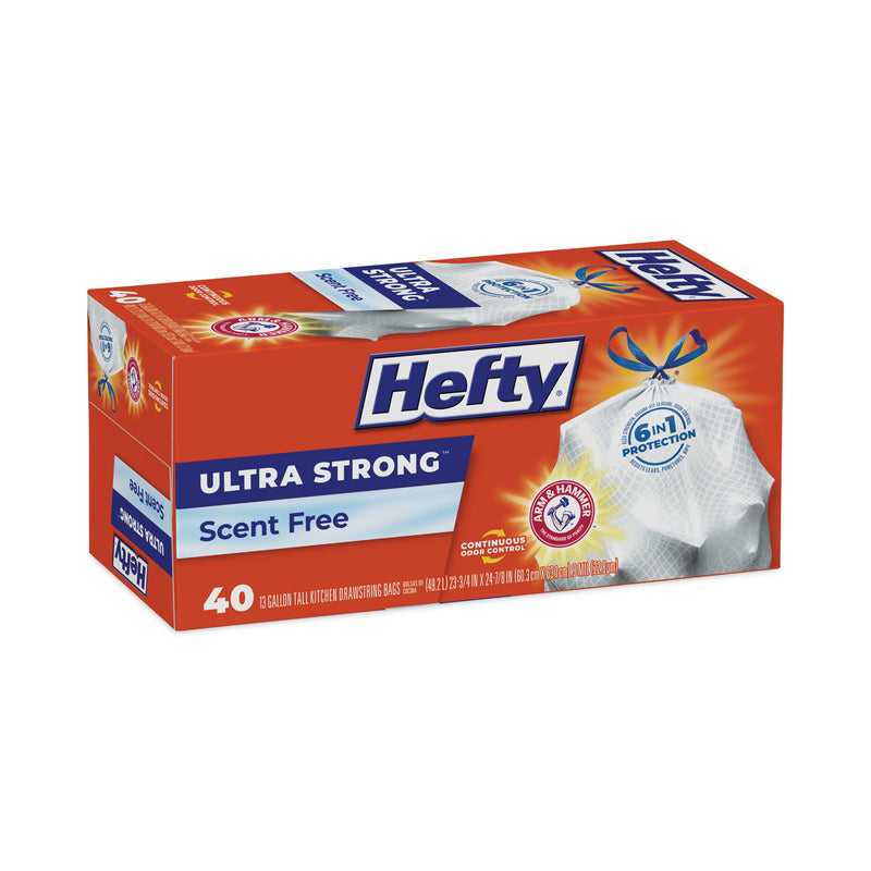 Hefty Ultra Strong Tall Kitchen and Trash Bags, 13 gal, 0.9 mil, 23.75" x 24.88", White, 40/Box, 6 Boxes/Carton