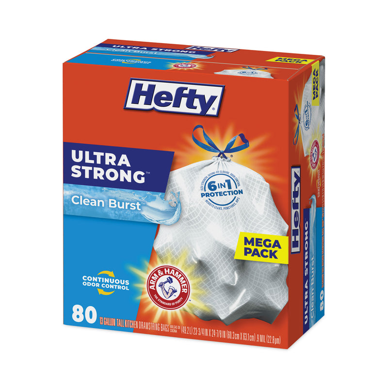 Hefty Ultra Strong Scented Tall White Kitchen Bags, 13 gal, 0.9 mil, 23.75" x 24.88", White, 80/Box