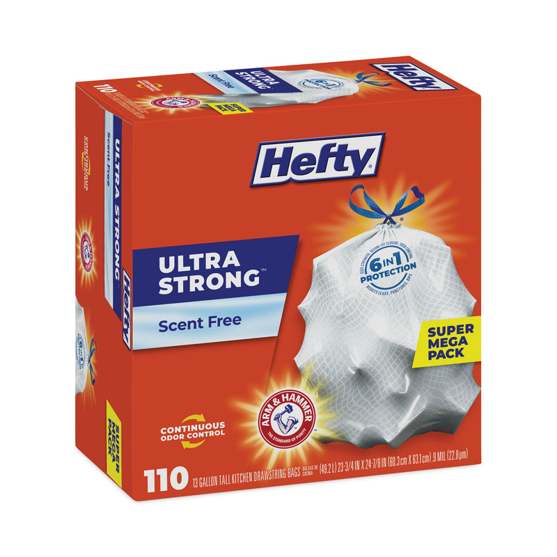 Hefty Ultra Strong Tall Kitchen and Trash Bags, 13 gal, 0.9 mil, 23.75" x 24.88", White, 110/Box