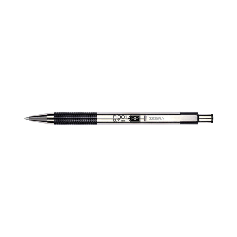 Zebra F-301 Ballpoint Pen, Retractable, Fine 0.7 mm, Black Ink, Stainless Steel/Black Barrel, 2/Pack