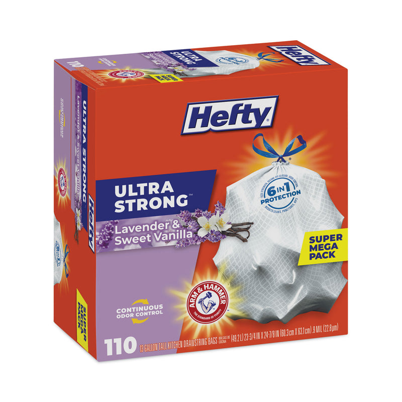 Hefty Ultra Strong Scented Tall White Kitchen Bags, 13 gal, 0.9 mil, 23.75" x 24.88", White, 110/Box